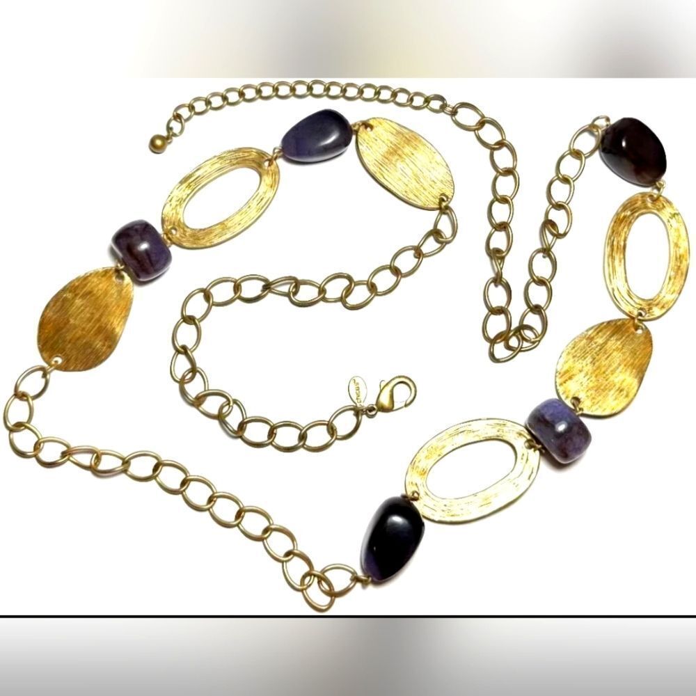 Vintage Necklace Signed Chico's Long Chain Textured Ring W/Purple Beads 39"-43"